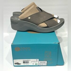B zees Desire Comfy Wedged Sandals Women Slip On Open Toe Shoes Wide Width Grey
